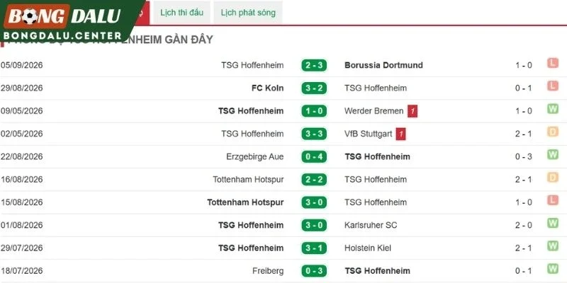 Phong độ gần nhất của Hoffenheim